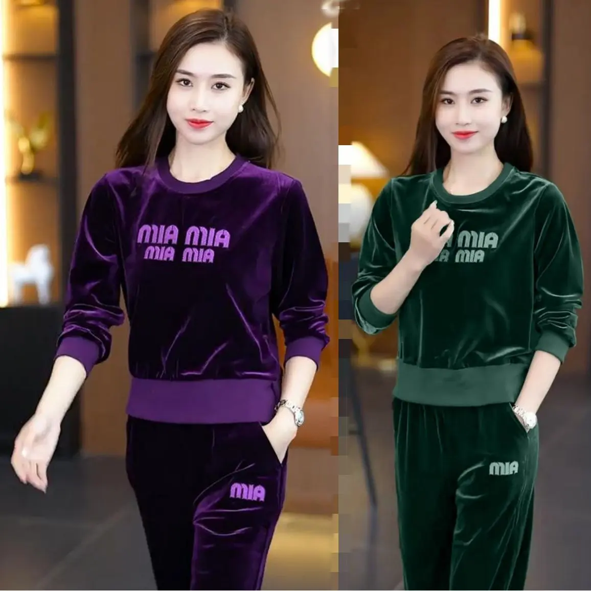 Bộ Đồ Quần Áo Thể Thao, Nhung Vàng, Dành Cho Nữ, Bộ Sưu Tập Mùa Thu, Thời Trang Mới, Áo Len Thêu Cổ Tròn, Thời Trang Thường Ngày Bộ Đồ Hai Mảnh Women Top Tím Tim