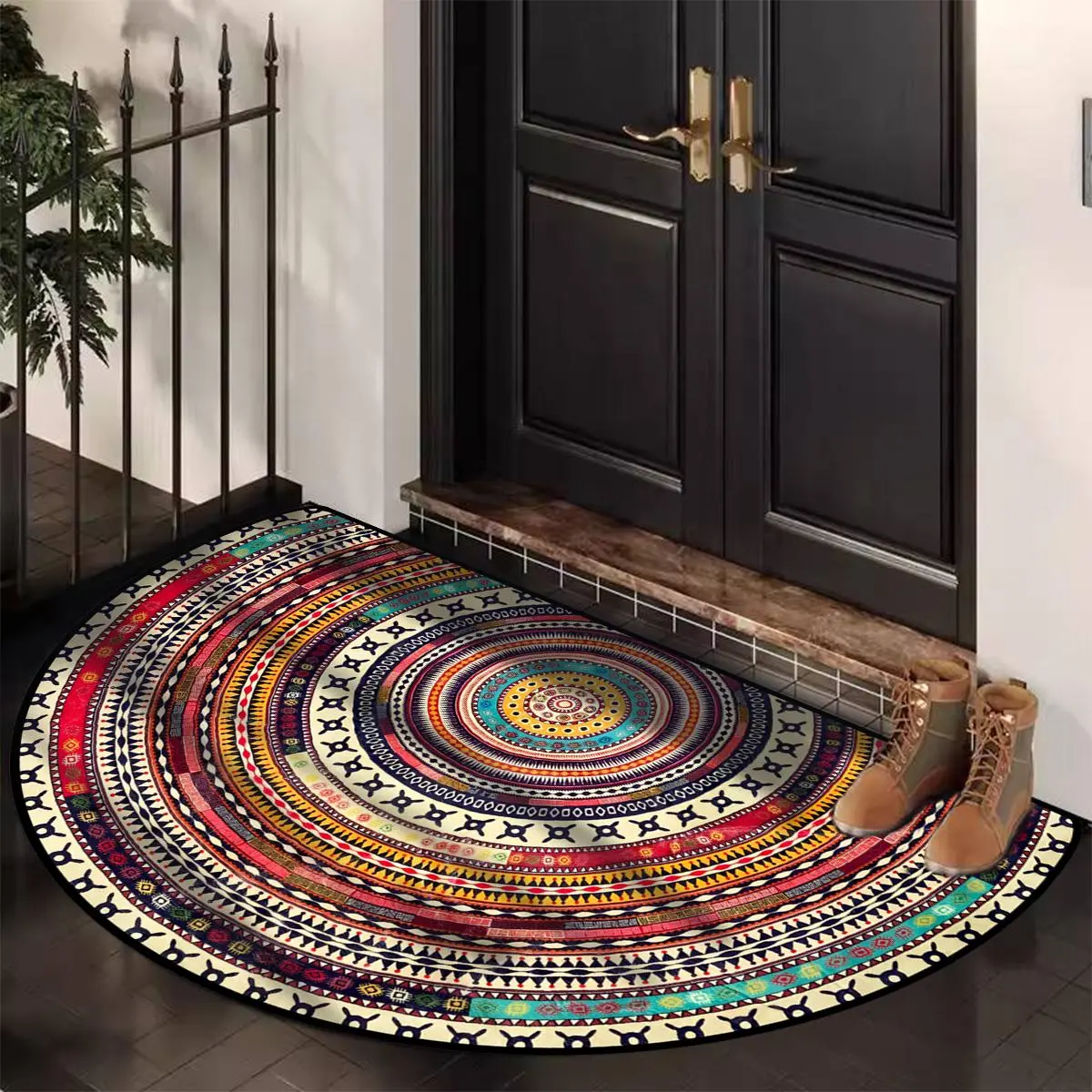 Boho Style Semicircular Door Mat, Non-slip Soft Floor Carpet, Washable Decorative Area Rug for Home Living Room Bedroom Kitchen
