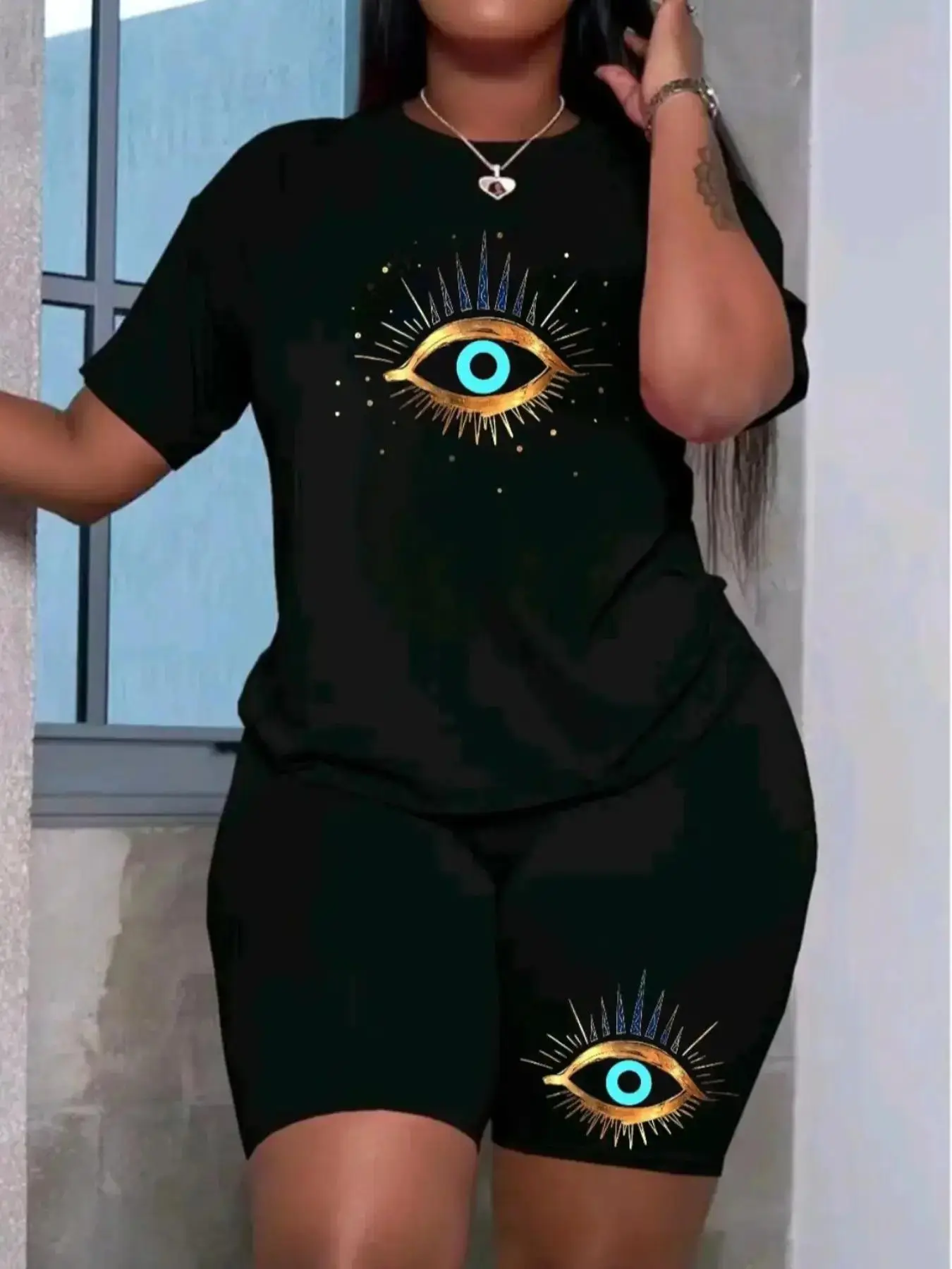 Women's Eye Print Tee & Skinny Shorts Two-piece Set, Casual Round Neck Short Sleeve T-shirt & Shorts for Daily Wear, Ladies Summer Clothes