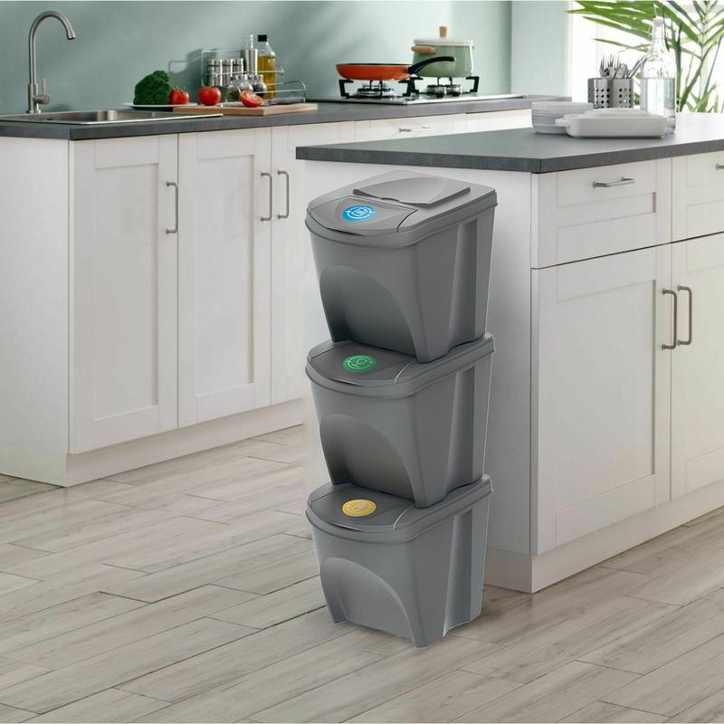 Set of 3 25 Litre Stackable Recycling Bins Storage Box with Lid, Grey Recycle Bin Organisers with Stickers, Garbage Home Kitchen Bin with Lids 5