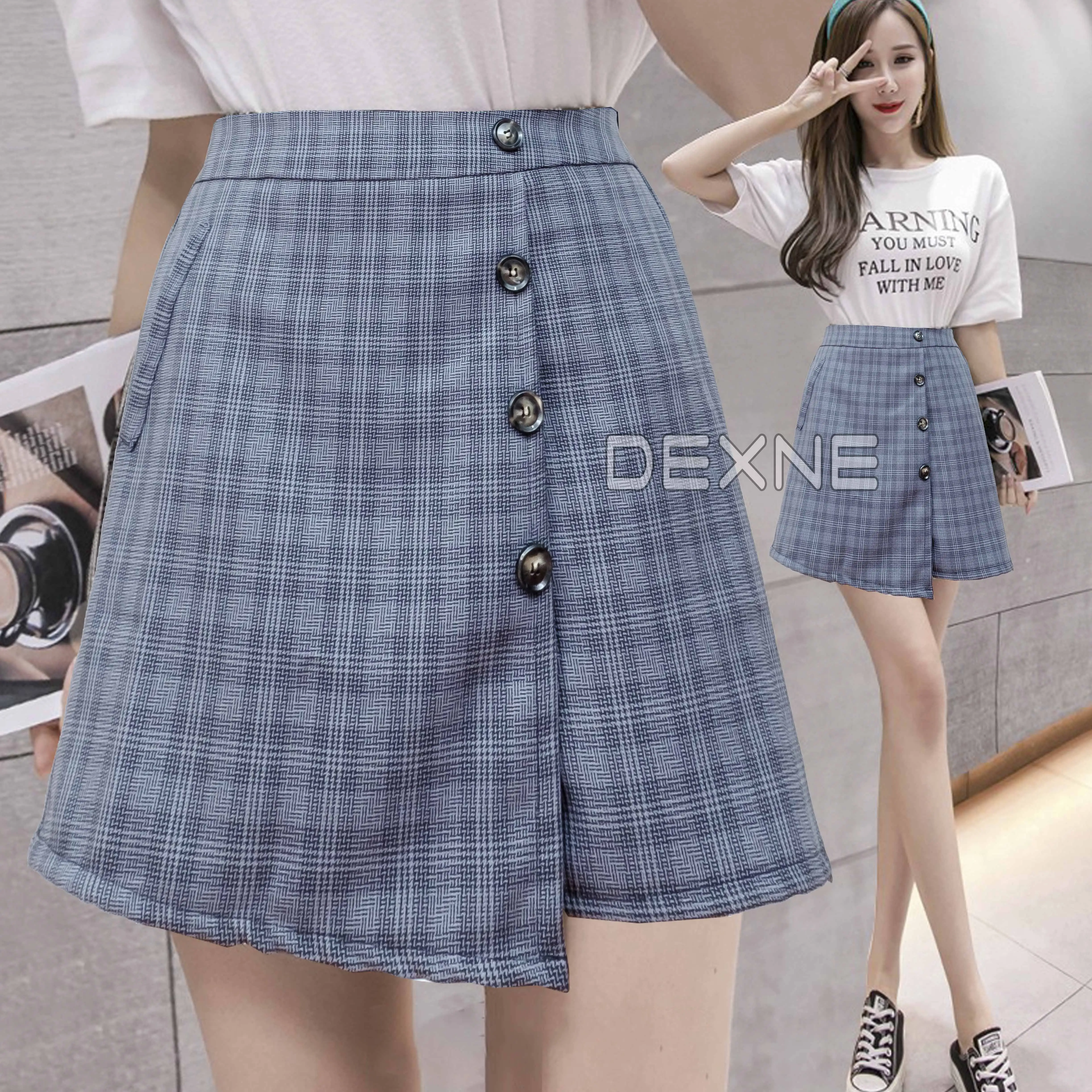 DEXNE - Rok Celana Pendek Mini Skirt Korean Style Wanita Dewasa Motif Kotak Nyaman Panjang
