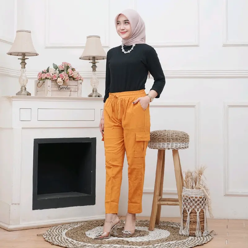 CELANA CARGO WANITA LINEN CRINKLE PREMIUM Karet Panjang Basic Katun 3