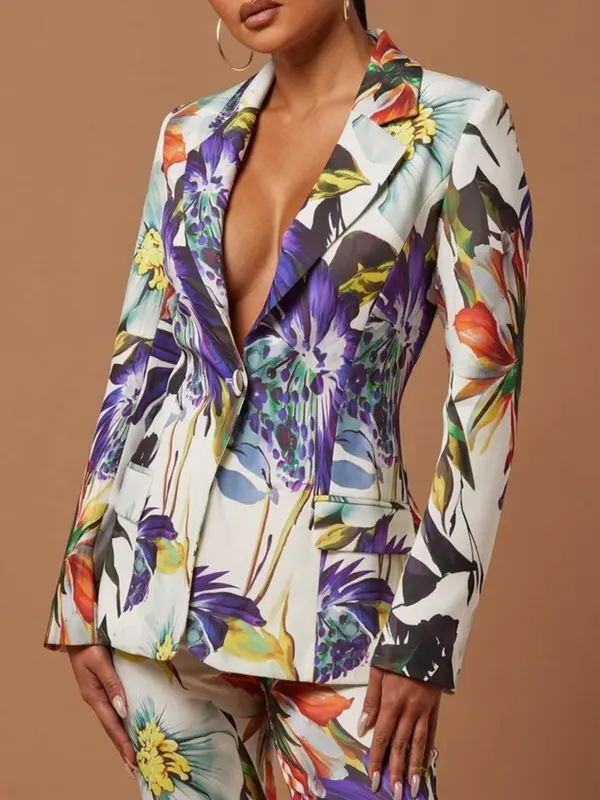 Women's All Over Floral Print Button Front Blazer, Casual Long Sleeve Lapel Neckline Flap Detail Outerwear for Work Office Business, Ladies Clothes for All Seasons 0