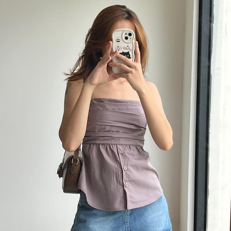 Áo ống cúp nguc dáng xoè RENSI quây chun xếp ly cài nút sơ mi ôm gọn A01 Nữ Top Trắng 2