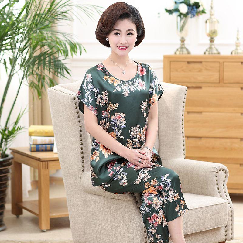 Đồ Ngủ Cho Mẹ TRUNG NIÊN, Đồ Mặc Nhà Mùa Hè, Chất Liệu Lụa Nhân Tạo, ngắn Tay, Dáng Rộng Vừa Vặn, Ngoại Cỡ, Thích Hợp Cho Phụ Nữ Trung Người Già Và Cao Tuổi, Làm Bằng Lụa Lạnh 5