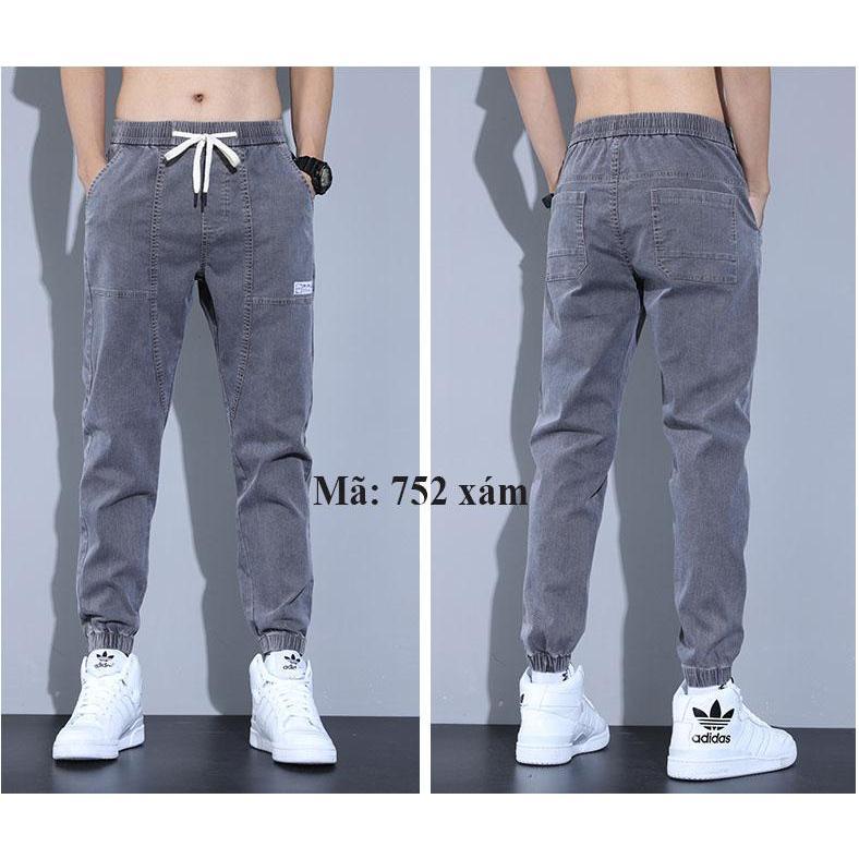 Quần Jean Jogger nam màu xanh xám đen chữ in thêu bó gấu lưng chun hà nội hcm Menswear Có Túi Pants