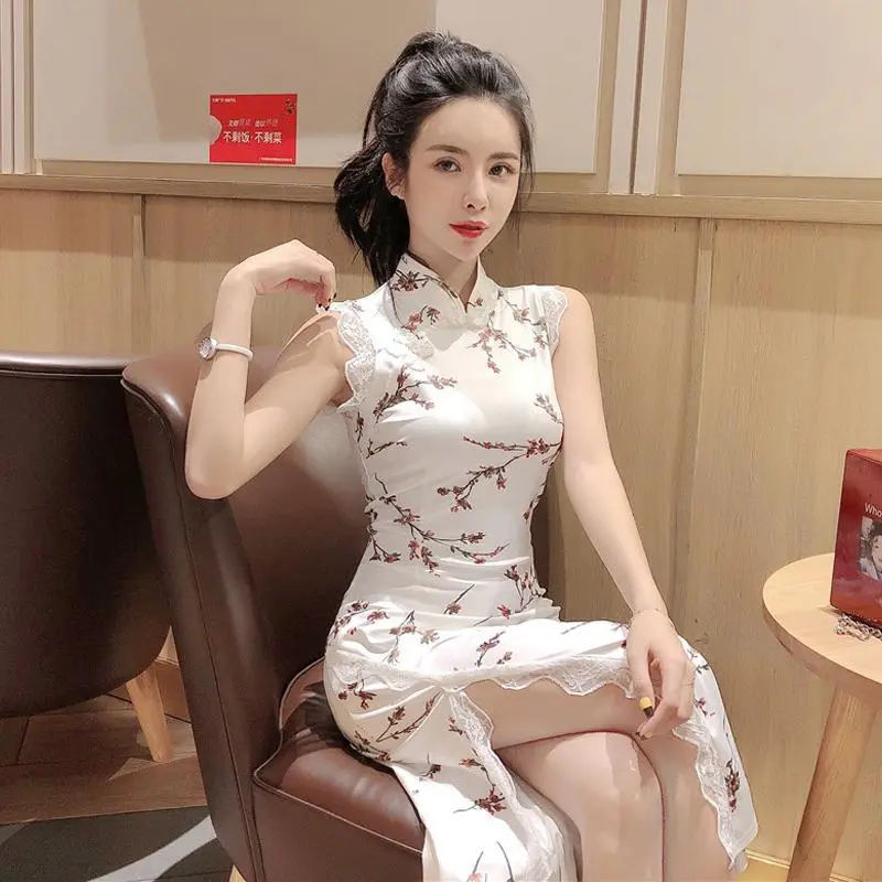 Áo Dài Xẻ Tà Dáng Dài Xẻ Tà Kiểu Dáng Mới Sườn Xám Cải Tiến Theo Phong Cách Cổ Điển Nữ Dress Đầm Váy