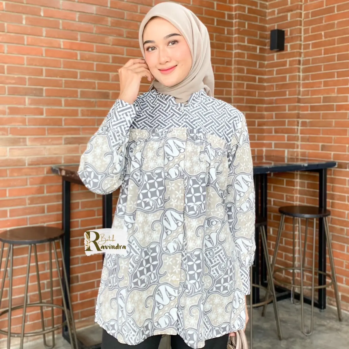 BATIK RAVINDRA Blouse Batik Kombinasi Baju Kancing Katun Panjang Wanita