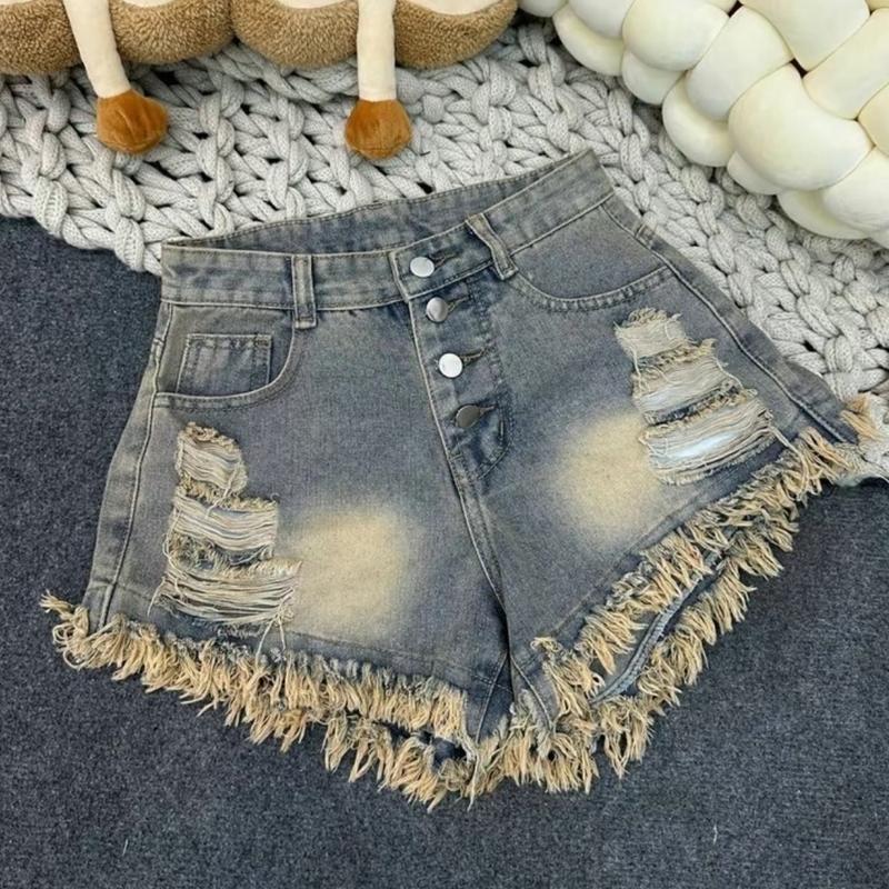 TIENSTYLE - Quần Short Jean Nữ 4 Nút Rách Lưng Cao Màu Xanh Đen Trắng Size S M L XL 2XL 3XL 4XL Chất Liệu Denim Phù Hợp Chiều Cao 40-70kg 