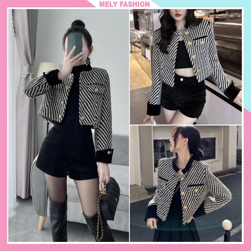 Áo khoác vest dạ tweed hoa tiêu blazer croptop dài tay cổ trụ hai lớp dáng ngắn lửng Hàn quốc trẻ trung sang trọng ASM08