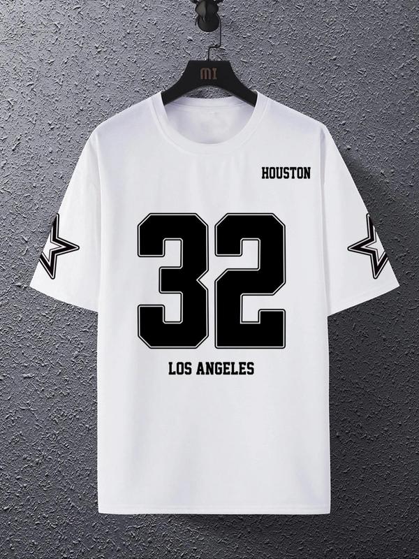 Letter & Figure Print Round Neck Drop Shoulder Tee, Regular Fit Crew Neck Short Sleeve T-Shirt, Comfy Knitting Top for Summer, Mens Tracksuit, Football Jerseys 3