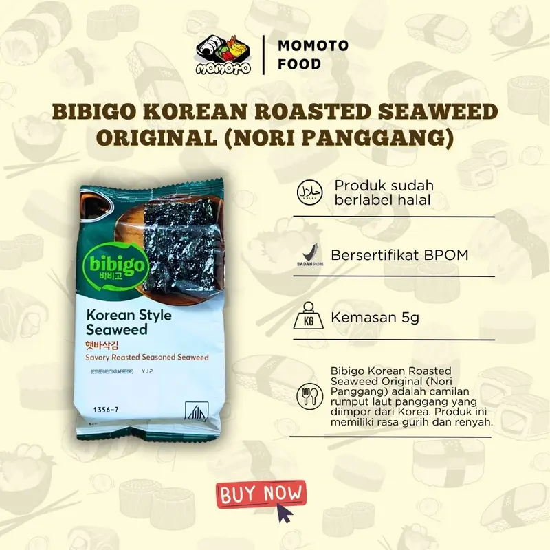 Bibigo Nori Panggang Asli Korea Halal Gim Roasted Seaweed Rumput Laut 5 gram 2