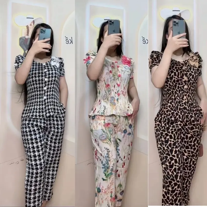 [Bộ  9 tấc  ] Bộ Dập Ly Quần 9 Tấc Cổ Lục Giác Có Nơ Tay Phồng Nữ Women Top