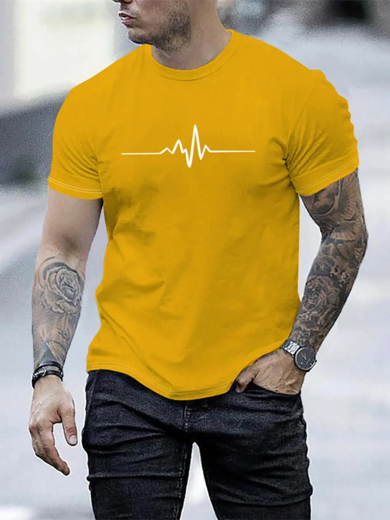 Men's Regular Fit EKG Heartbeat Line Graphic Tee, Casual Short Sleeve Round Neck T-shirt for Summer, Fashion Men's Top for Daily Wear
