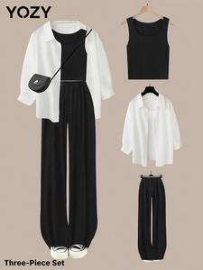 YOZY Women's Solid Button Front Shirt & Elastic Waist Pants & Tank Top Set, Casual Long Sleeve Collared Top & Trousers & Crop Top, Ladies Clothes for All Seasons, Travel
