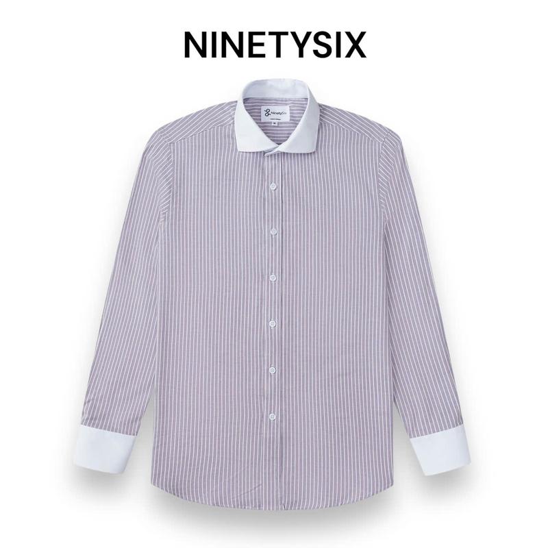 Áo sơ mi nam Ninetysix kẻ sọc màu tím dài tay cổ Cutaway dáng vừa chất vải hoàn toàn cotton dành cho các quý ông lịch lãm Menswear
