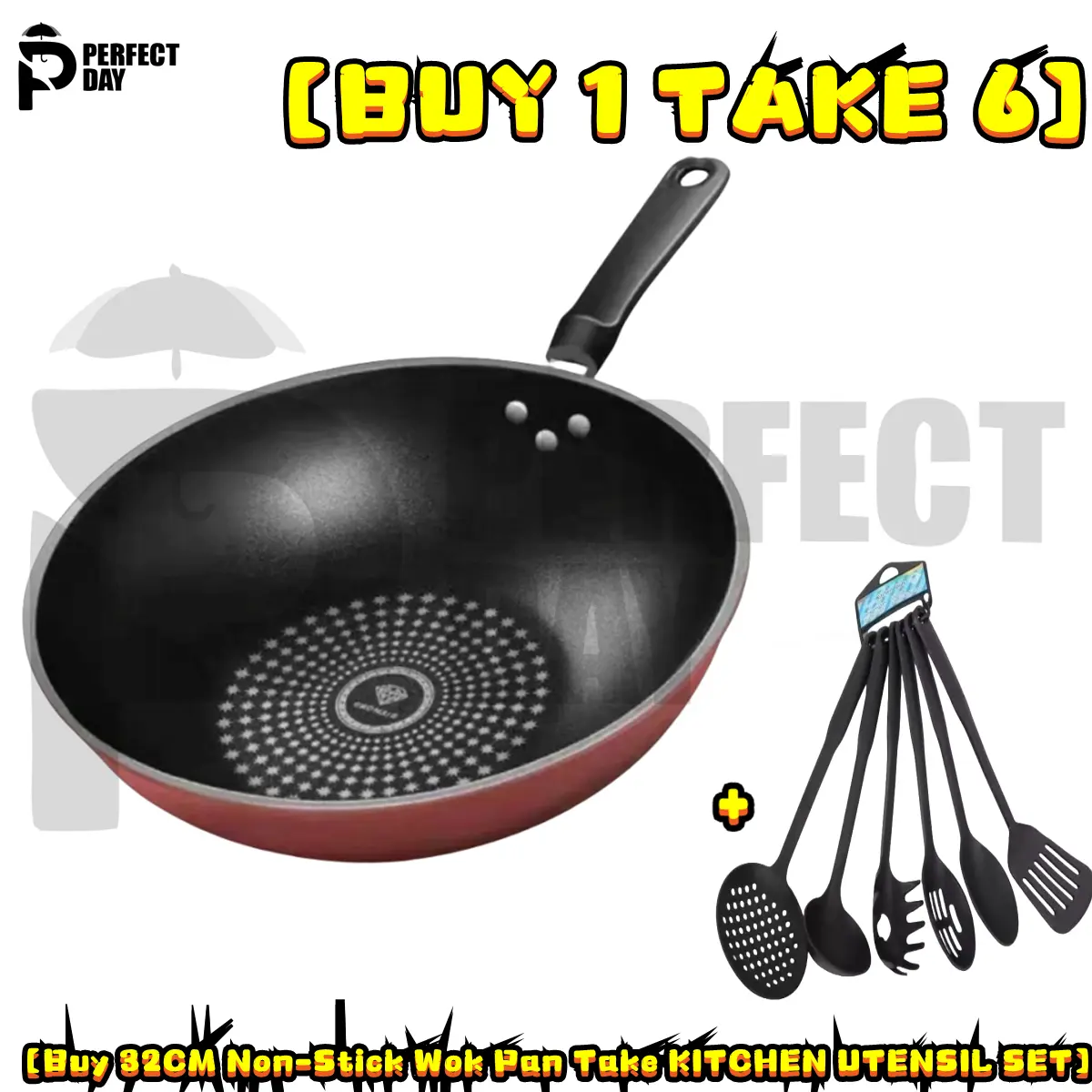 【Buy 1 Take 6】Perfect Day JH-533 32CM Non-Stick Wok Pan Diamond Frying Pan 3 Layers Of Non-Stick Frying Pan  With 6in1 Cooking Tool Set Plastic Laddle Serving Utensils Set with handle
