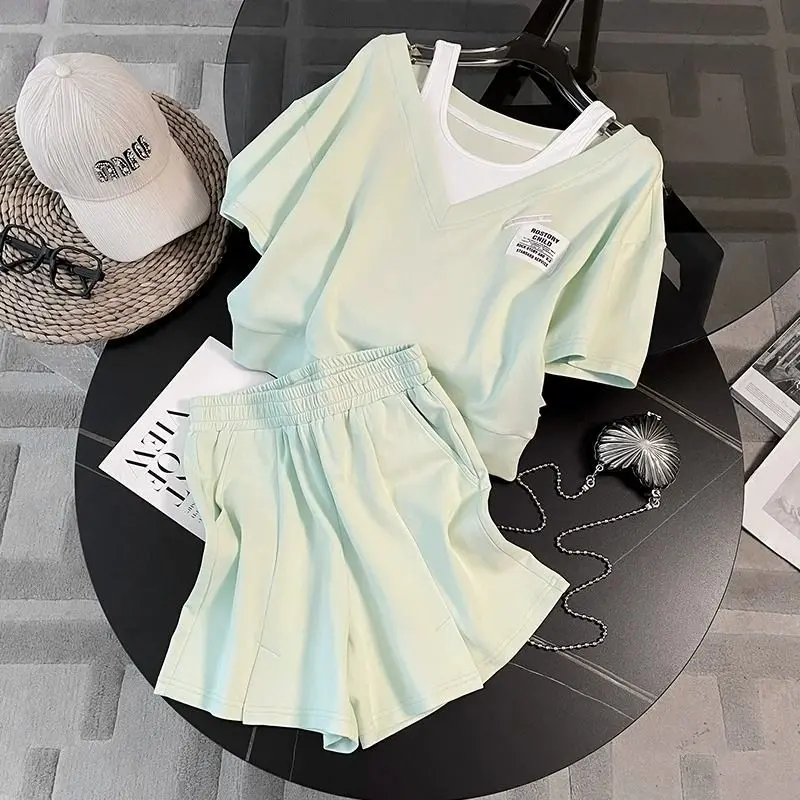 Bộ Đồ Thể Thao Thường Ngày Dopamine, Trang Phục Mùa Hè, Dành Cho Phụ Nữ, Phong Cách Phương Tây, Trông Trẻ Trung, Áo Hai Lớp Giả, Quần Đùi Cạp Cao Mỏng Hai Mảnh Women Top