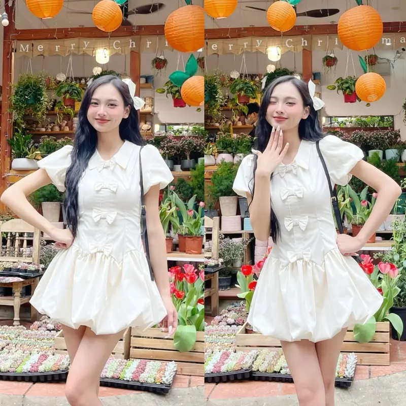 Váy bồng xoè dáng bí thường mặc dáng ngắn đính nơ tay bồng kèm quần bảo hộ dilyshop - V89 | BigBuy360 - bigbuy360.vn