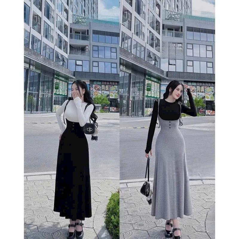 Set đầm yếm dây dáng dài phối áo tay dài cổ cao thanh lịch trẻ trung - Thun gân lạnh H833 Váy boby , váy body nữ tôn dáng , váy xinh , váy đi tiệc , váy đi biển