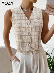 YOZY Women's Plaid Print Faux Pearls Decor Button Front Vest Blazer, Elegant Asymmetrical Hem V Neck Waistcoat for Fall & Winter, Ladies Clothes for Daily Wear