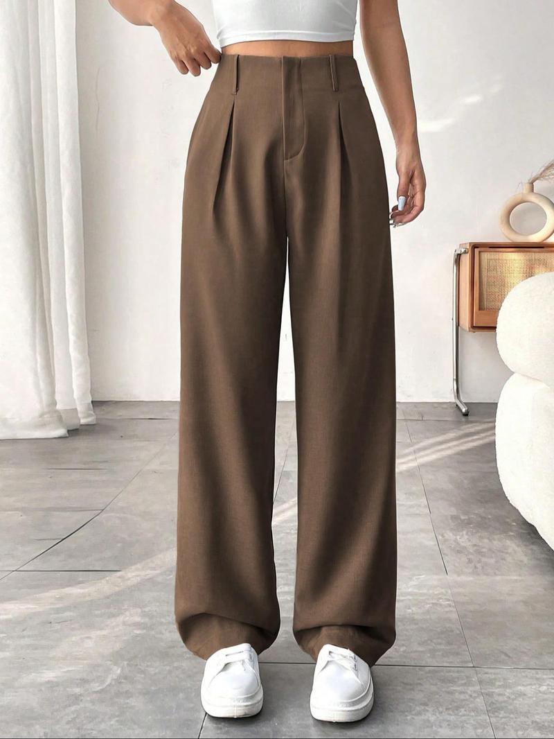 Product Introduction of Women's Solid Plicated Pocket Straight Leg Pants, Casual Comfy Trousers for Daily Wear, Ladies Bottoms for Fall & Winter 1
