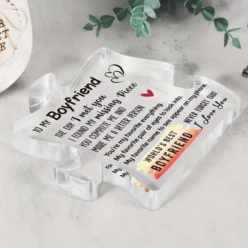 To My Boyfriend Heart & Letter Pattern Puzzle Shaped Acrylic Plaque, Creative Desktop Ornament, Decorative Plaque for Home Living Room Bedroom Office, Valentines Gift for Him 2