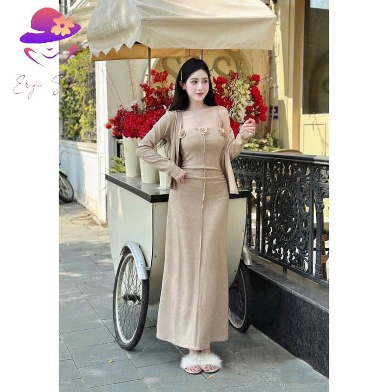 ĐẦM THUN TĂM LẠNH 2 DÂY DÁNG DÀI QUA GỐI ĐÍNH BÔNG KÈM KHOÁC TAY DÀI TÔN DÁNG 3