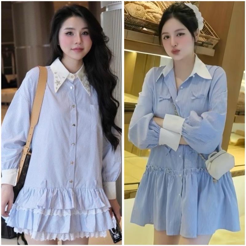 [D75] Váy Suông Kẻ Sọc Cổ Sơ Mi Chân Bèo Tiểu Thư Nữ  Women Nhung Áo Kho Sỉ Bảo Ngọc