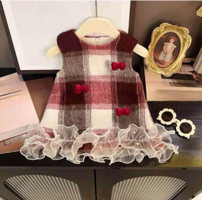 [5-18kg] -TD211- Set VÁY DẠ LÔNG KẺ BÈO NƠ kèm áo trắng THUN TĂM mặc mùa thu đông cho bé gái [XMGY]