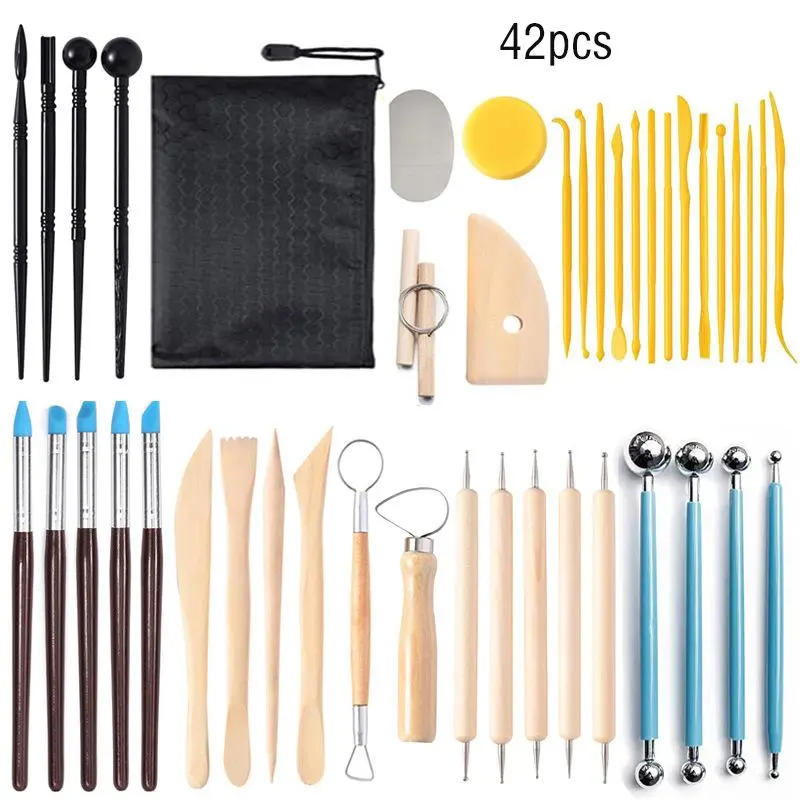 Clay Tool Set, 42pcs/set Polymer Clay Tools and Storage Bag, Double-sided Carving Tools, Pottery Carving Tools for Home School Office