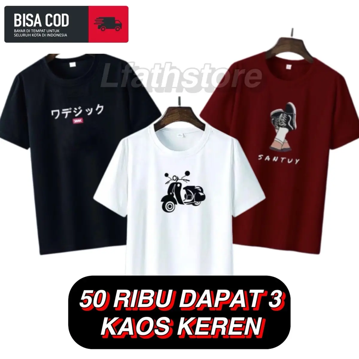 KAOS PRIA 50RIBU DAPAT 3 Crew Neck Santai Motif