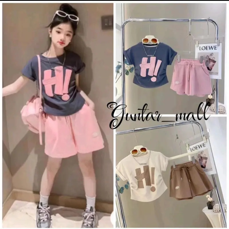 SETELAN BAJU ANAK PEREMPUAN LENGAN PENDEK MOTIF HI UNTUK 1-5 TAHUN 1