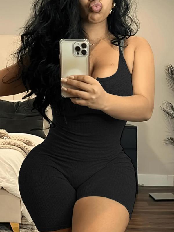 Women's Solid Color Notched Neck Cami Ribbed Romper, Casual Basic Spaghetti Strap Sleeveless Skinny Romper for Summer, Ladies Clothes for Daily Wear 8