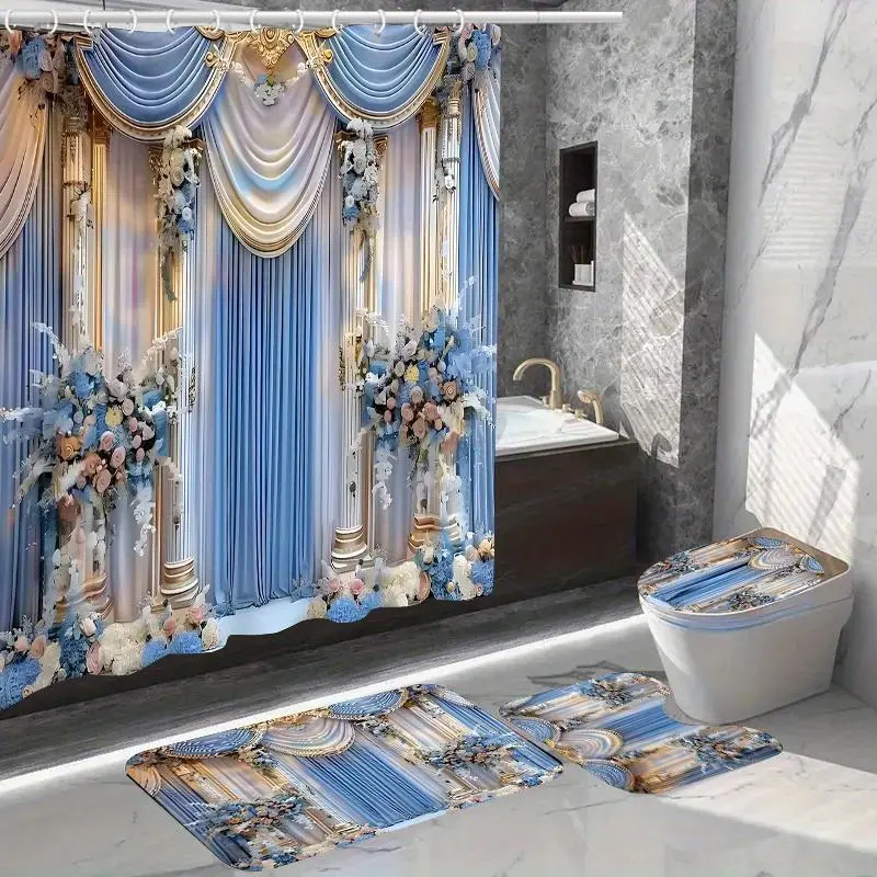 Floral Pattern Shower Curtain Set, 1 Set Including 1 Shower Curtain & 1 Toilet Seat Cover & 1 Bath Mat & 1 U-shaped Mat, Bathroom Decoration Supplies