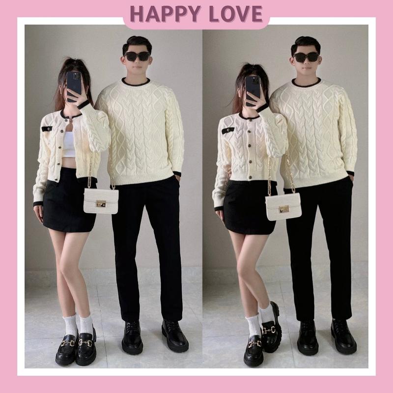 Đồ đôi áo len kiểu nam nữ hàn quốc dài tay thu đông màu trắng kem sang trọng len dày đẹp hàng Quảng Châu HAPPYLOVE H144