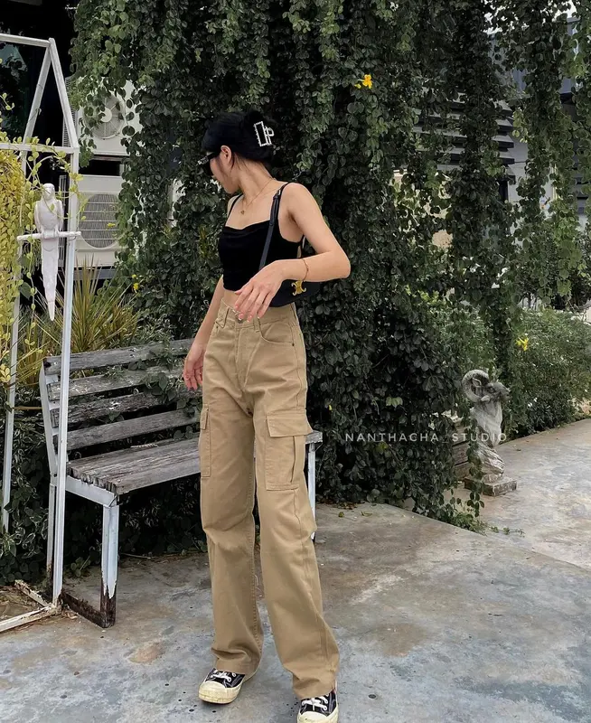 CELANA KULOT CARGO LOOSE HIGHWAIST WANITA PREMIUM Denim Kancing Light Panjang Saku Samping jeans 3