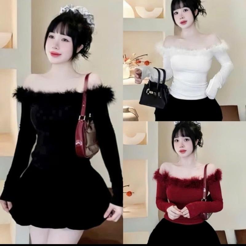  Chiuchiu.gu -  Có size  Áo trễ vai tay dài viền lông - ôm body có thắt eo tôn dáng form đẹp chất borip mềm mịn Women 