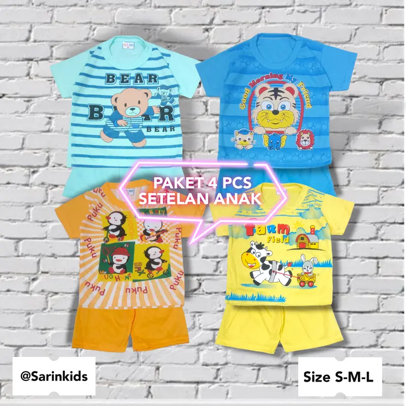 Paket 4 Pcs Setelan Baju Anak laki-laki Motif Binatang Fashion 0