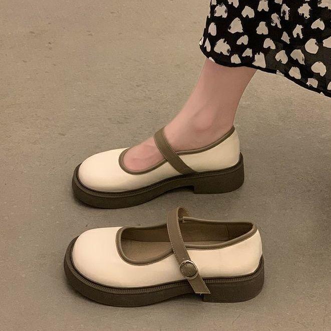Fashionable Thick-Soled Mary Jane Leather Shoes 2024 Soft-Soled Buckle Retro Low-Cut Chunky Heel Shoes with Single-Layer Shoes 3