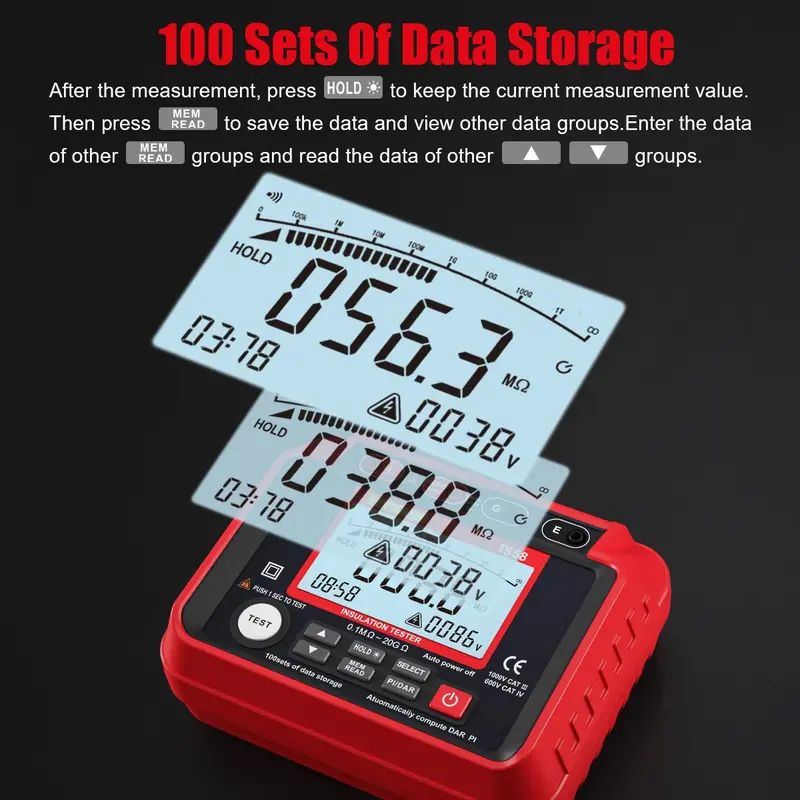 Digital Insulation Resistance Tester, Battery Powered Portable Ohmmeters with LCD Backlit Display, Multifunctional Electrical Measuring Instruments 3