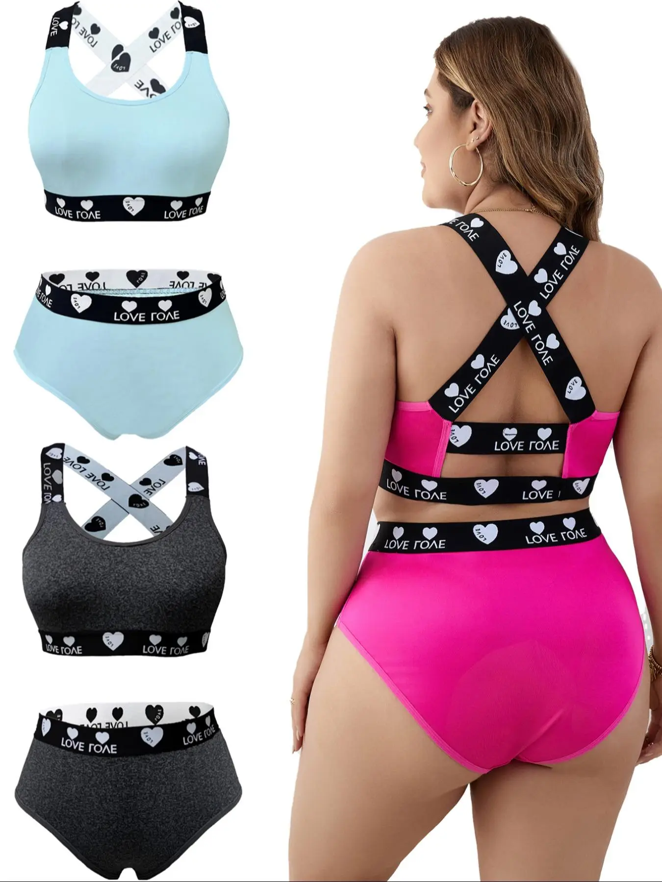 【Plus Size】 Women's Heart Print Criss Cross Backless Bra & Panty Set, Sexy Comfy Breathable Underwear Set for Daily Wear, Women's Underwear Set for All Seasons