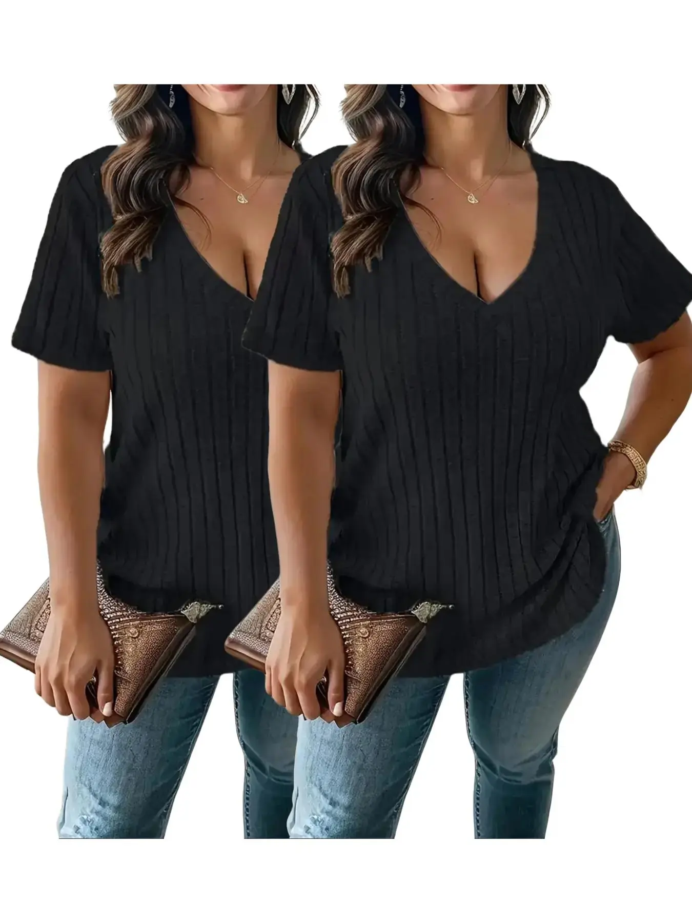 Plus Size Plain V Neck Tee, Casual Short Sleeve T-shirt for Summer, Women's Plus Clothing for Daily Wear