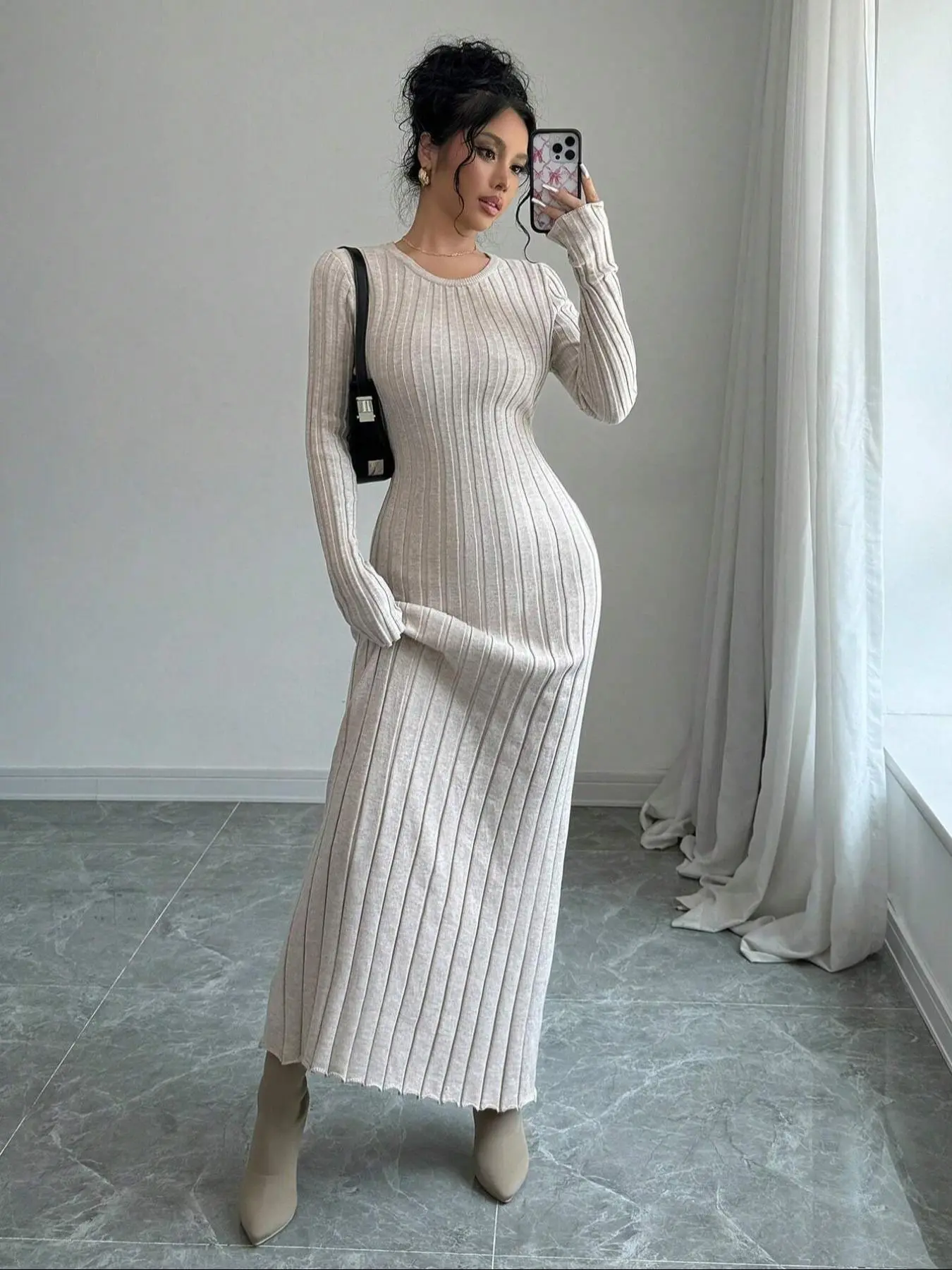 Women's Plain Ribbed Sweater Dress, Elegant Long Sleeve Round Neck Knit Dress for Fall & Winter, Women's Clothing for Daily Wear