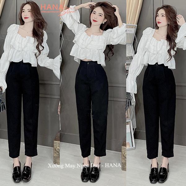 Quần baggy nữ đi học làm công sở cạp cao có đỉa màu Đen dáng dài - Quần tây nữ lưng cao học sinh vải dày mềm co giãn nhẹ