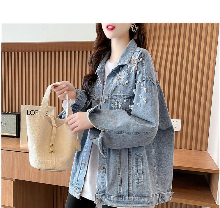 Product Introduction of 2024 Spring and Autumn New Design Heavy Rhinestone Denim Jacket for Women with Turn-down Collar Loose Korean Style Versatile Jacket Top 7