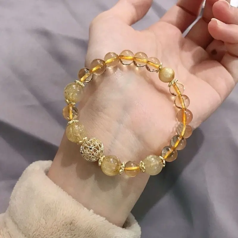 Golden Rutilated Quartz Yellow Crystal Bracelet for Women, Niche Design, Elegant Crystal Beaded Bracelet, Gift Choice, DIY Beading Accessories gelang  mua  bellaz bala  bangles