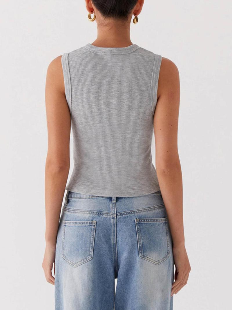 Product Introduction of Women's Plain Button Front Ribbed Tank Top, Casual Sleeveless Round Neck Top for Daily Wear, Ladies Clothes for All Seasons, Tank Tops for Women, Back to School Clothes, Girl Gifts, Loser Core Outfits Womenswear Tube 10