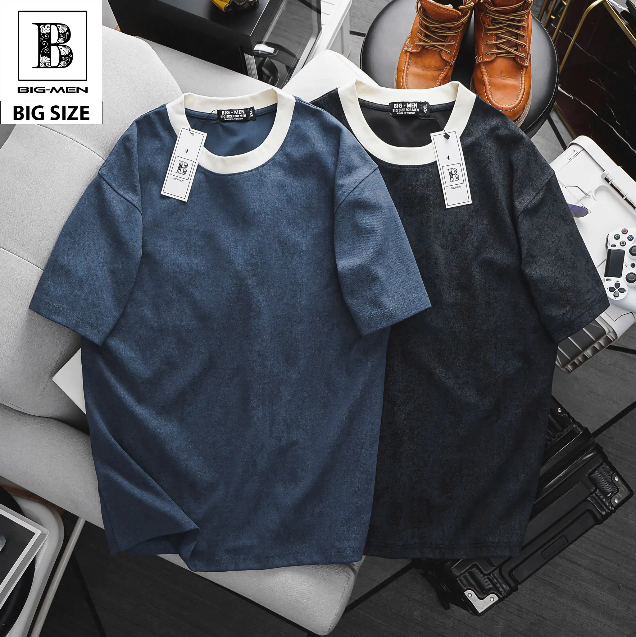 [ Big Men] Áo thun chất vải denim co giãn phối cổ thời trang bigsize nam 85- 135 kg.