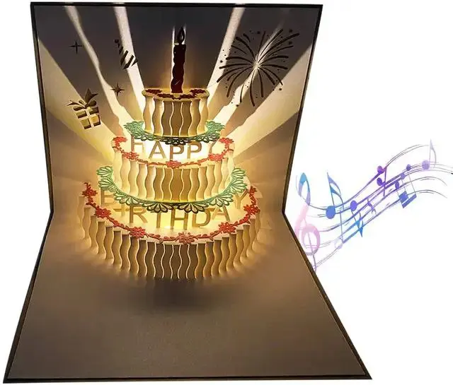 Kartu Ucapan Pop Up 3D Bentuk Kue Ulang Tahun Dengan Lampu, Cahaya, dan Musik Kertas 0